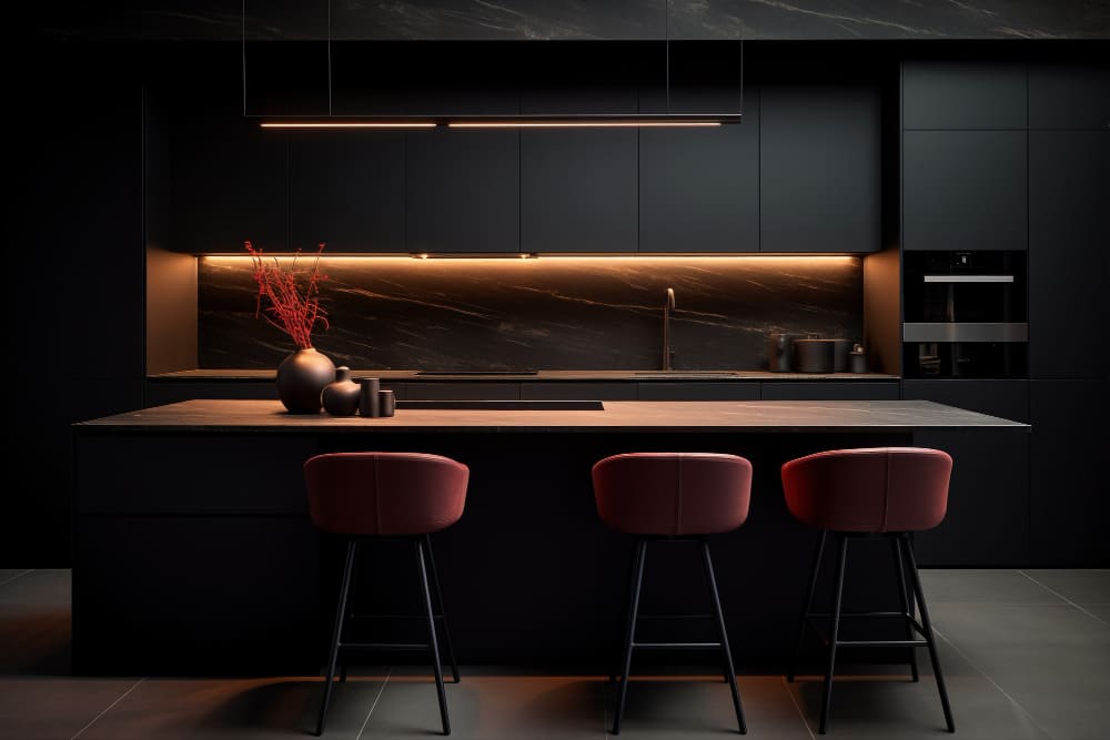 une grande table de cuisine noir mat, avec des chaises de bar designs et des lumières LEd au-dessus du plan de travail