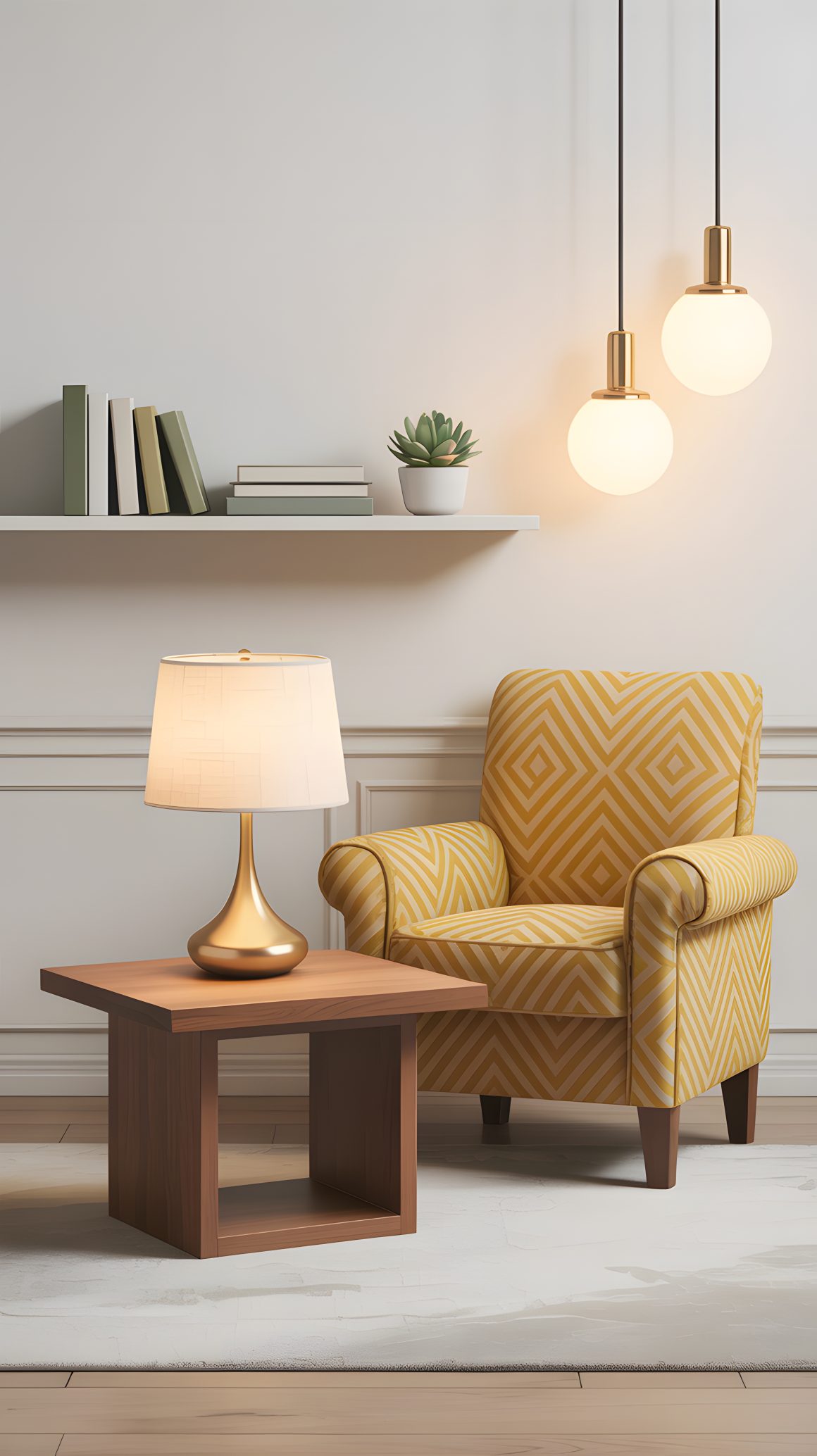 Un fauteuil jaune géométrique avec table en bois, lampe dorée, étagère minimaliste avec livres et plante