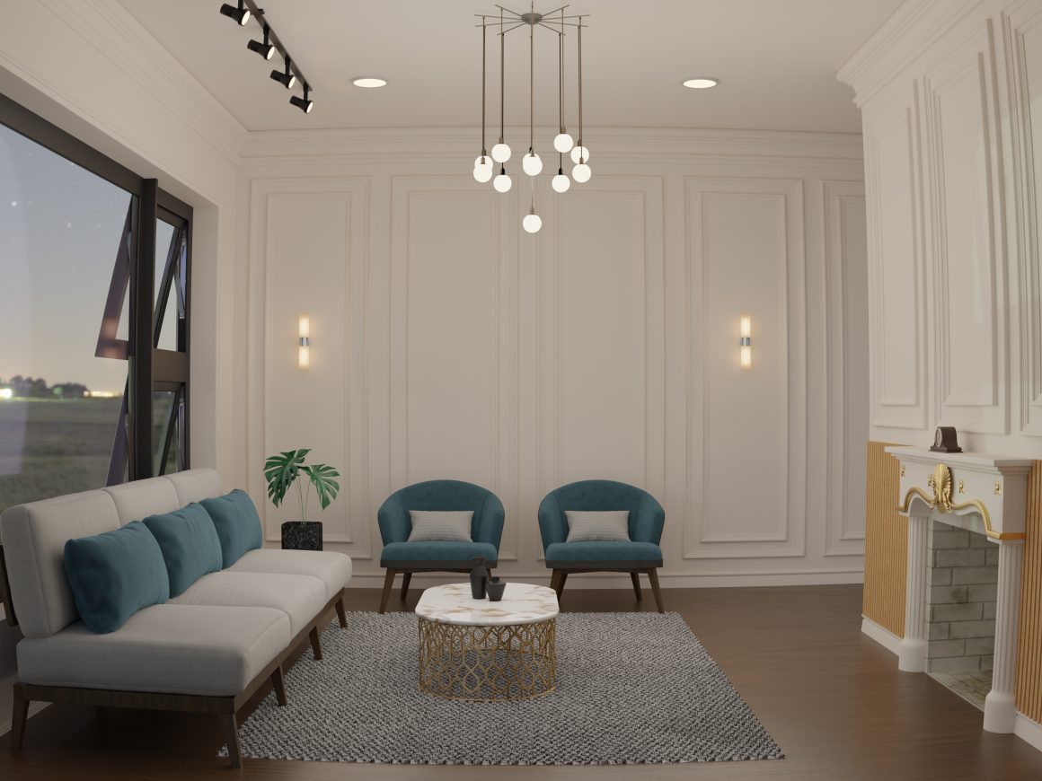 Canapé, deux fauteuils, une table basse avec éclairage salon moderne incluant suspension et appliques murales