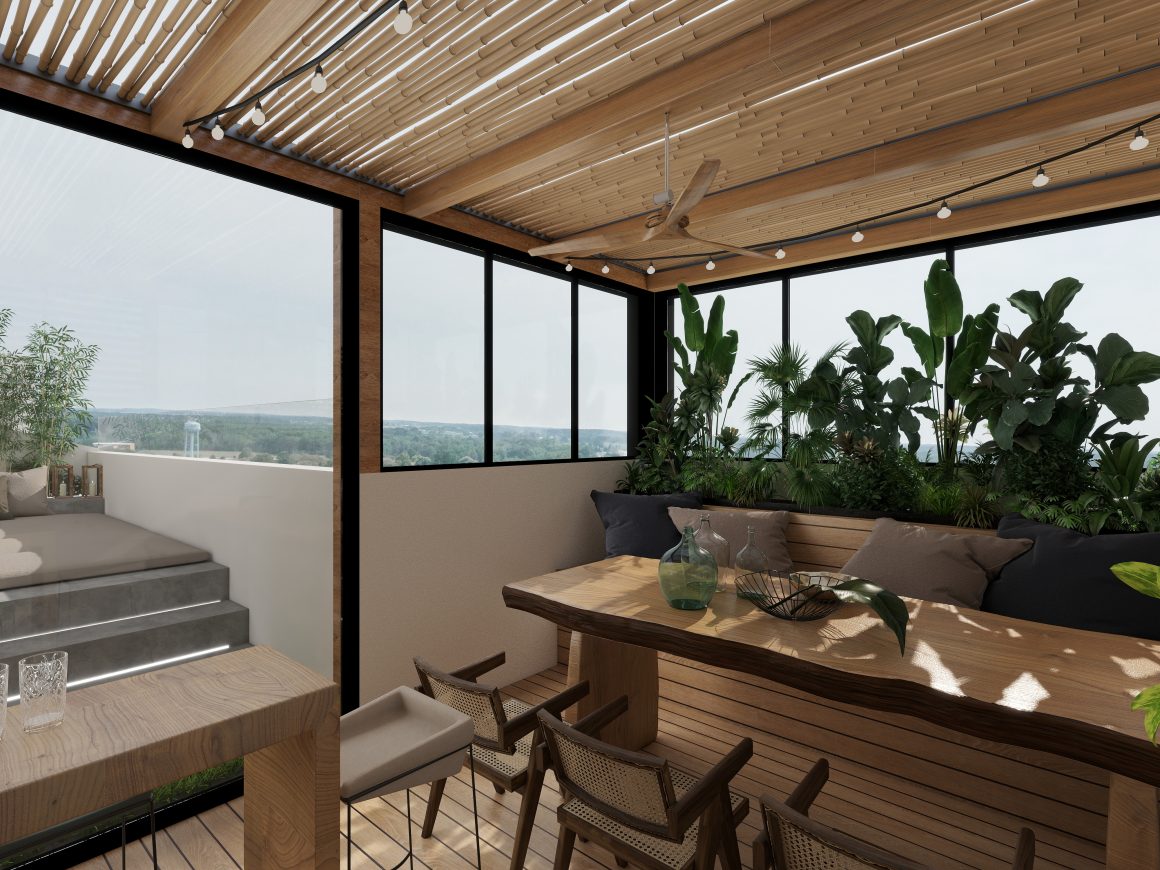 Espace terrasse chaleureux en bois naturel incluant coin repas convivial, plantes et lumière douce