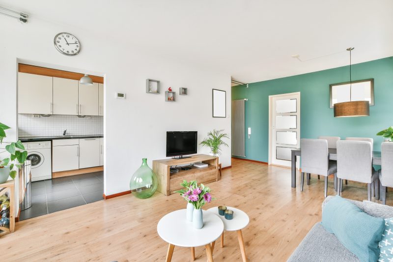 Salon lumineux incluant murs verts, meubles, plantes et déco minimaliste avec une cuisine ouverte