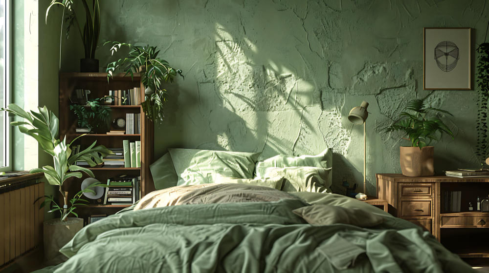 un lit double dans une grande chambre dans les tons vert forêt, avec beaucoup de plantes vertes autour
