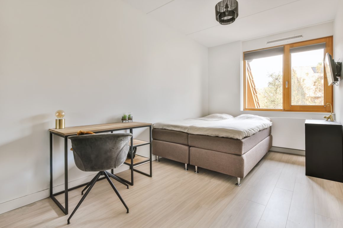 Studio 18m2 aménagé avec canapé-lit, bureau avec étagères, meuble de rangement, TV et luminaire