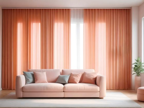 des rideaux tendance 2026 couleur rose saumon légers, avec un canapé devant