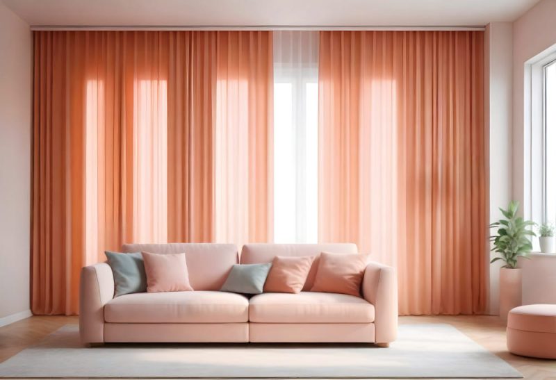 des rideaux tendance 2026 couleur rose saumon légers, avec un canapé devant