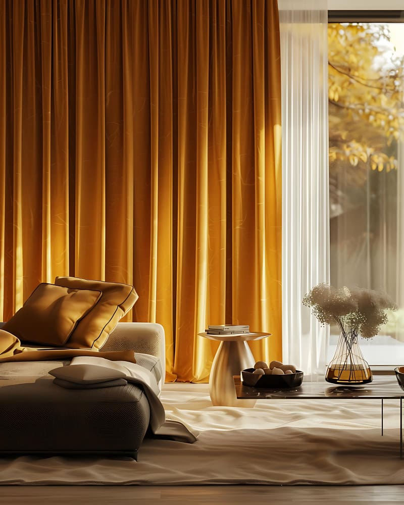 des rideaux tendance 2026 dans les tons ocre dans un grand salon lumineux