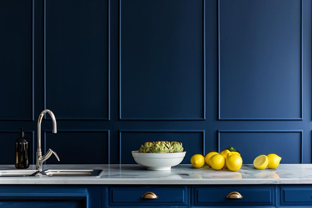une table marbre avec des boiseries bleu pétrole derrière