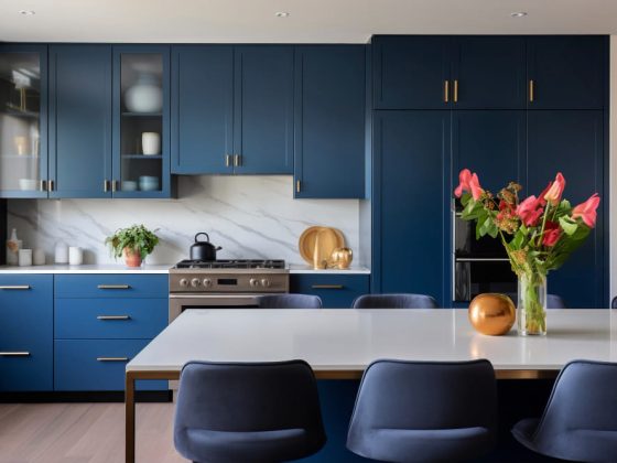 la tendance couleur cuisine 2026 est ici au bleu pétrole, et la pièce s'orne d'un bouquet de tulipes sur la table en marbre