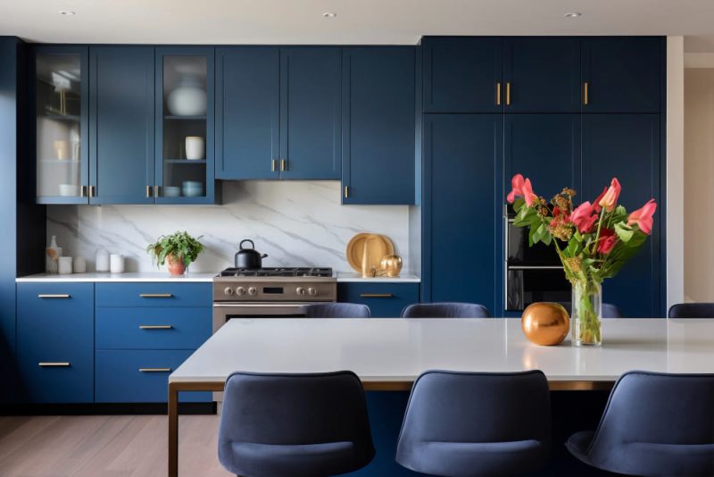 la tendance couleur cuisine 2026 est ici au bleu pétrole, et la pièce s'orne d'un bouquet de tulipes sur la table en marbre