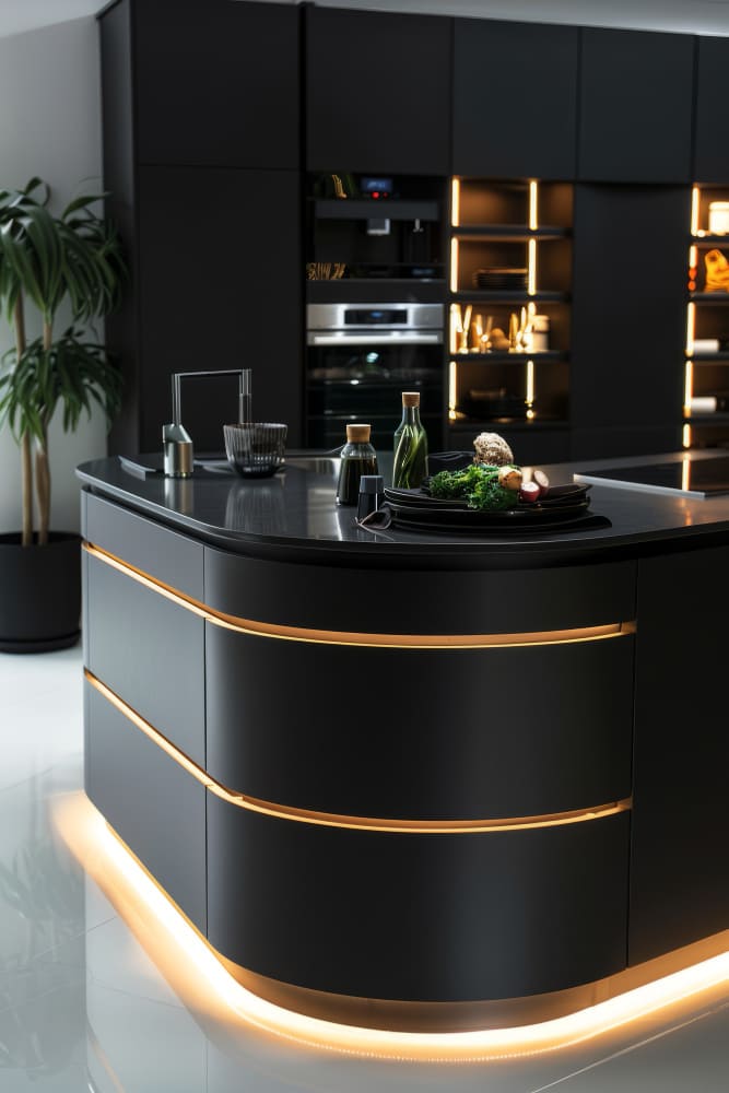la tendance couleur cuisine 2026 est ici en noir mat, avec des lumières LED en bas de l'îlot central