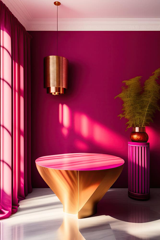 tendance déco 2026 avec un mur fuschia, comme les meubles et les rideaux, dans une pièce lumineuse