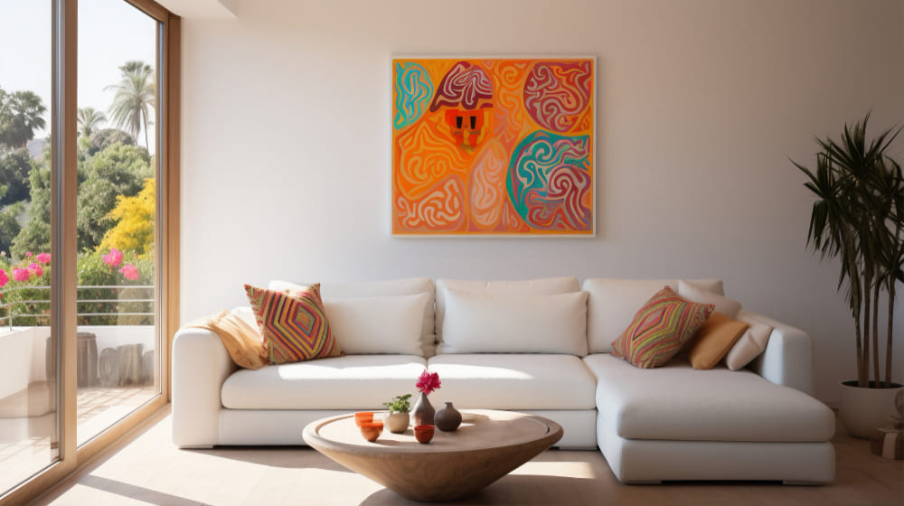 tendance déco 2026 avec un grand tableau coloré et unique au-dessus du canapé dans le salon lumineux