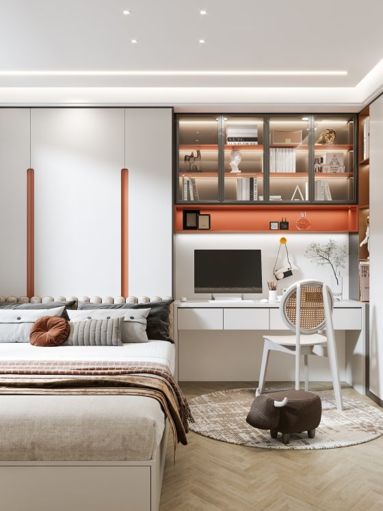 Aménagement d'une chambre 12m2 avec lit, bureau intégré, étagères et rangement optimisé.