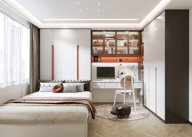 Aménagement d'une chambre 12m2 avec lit, bureau intégré, étagères et rangement optimisé.