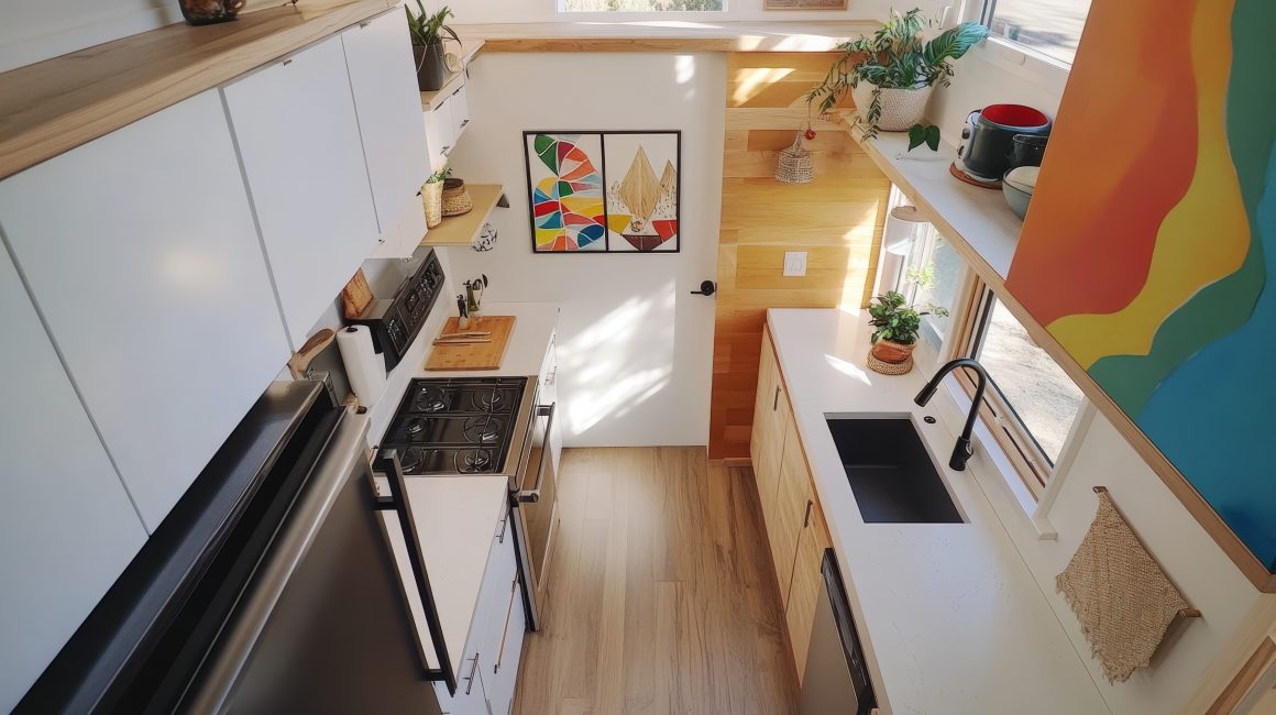 Cuisine compacte et lumineuse avec étagères en bois, éléments de rangements blancs, plantes et décoration colorée.