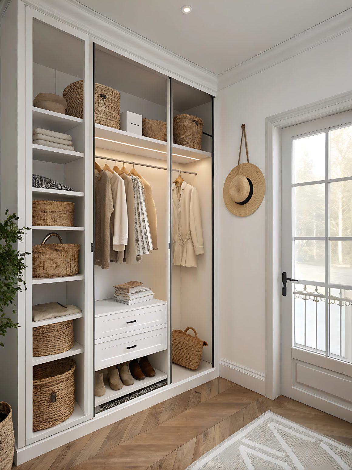 Chambre 12m2 avec dressing incluant des étagères ouvertes, tiroirs, porte vêtements et des paniers en osier.