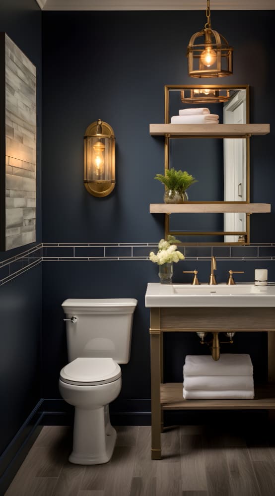 du bleu nuit dans cette salle de bain moderne avec des toilettes blanc et un meuble vasque de style cottage