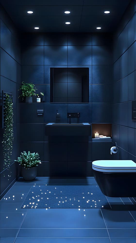 couleur tendance dans la salle de bains 2026, avec du bleu nuit sur le sol, les murs et un plafond avec des LED incrustées