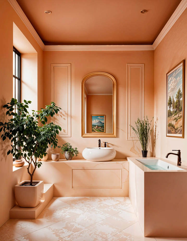 la couleur tendance salle de bain 2026 est ici le terracotta, dans une grande pièce avec un lavabo au fond, sous une corniche, avec les murs et le plafond terracotta