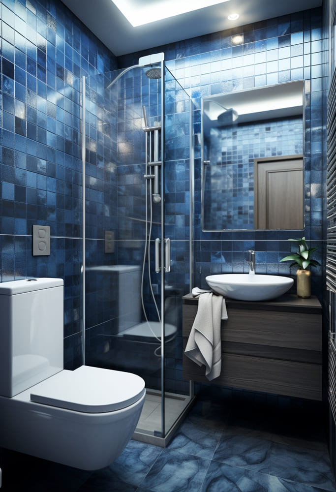 le bleu gris est la couleur tendance salle de bain 2026 ici, présent sur les carreaux du mur : il y a aussi une douche avec une paroi en verre et des toilettes suspendues