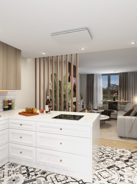 Cuisine ouverte et séjour lumineux avec rangement élégant, sol à motifs et séparation décorative en lames