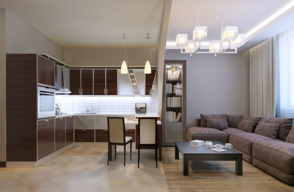Aménagement cuisine salon 20m2 avec éléments de rangement en bois, éclairage suspendu, table basse et canapé