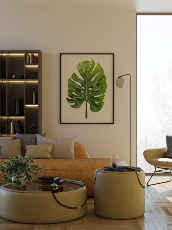 Ambiance apaisante dans un salon moderne grâce à la déco plantes d'intérieur avec feuilles luxuriantes et cache-pots élégants
