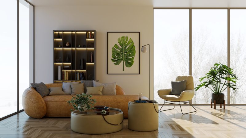 Ambiance apaisante dans un salon moderne grâce à la déco plantes d'intérieur avec feuilles luxuriantes et cache-pots élégants