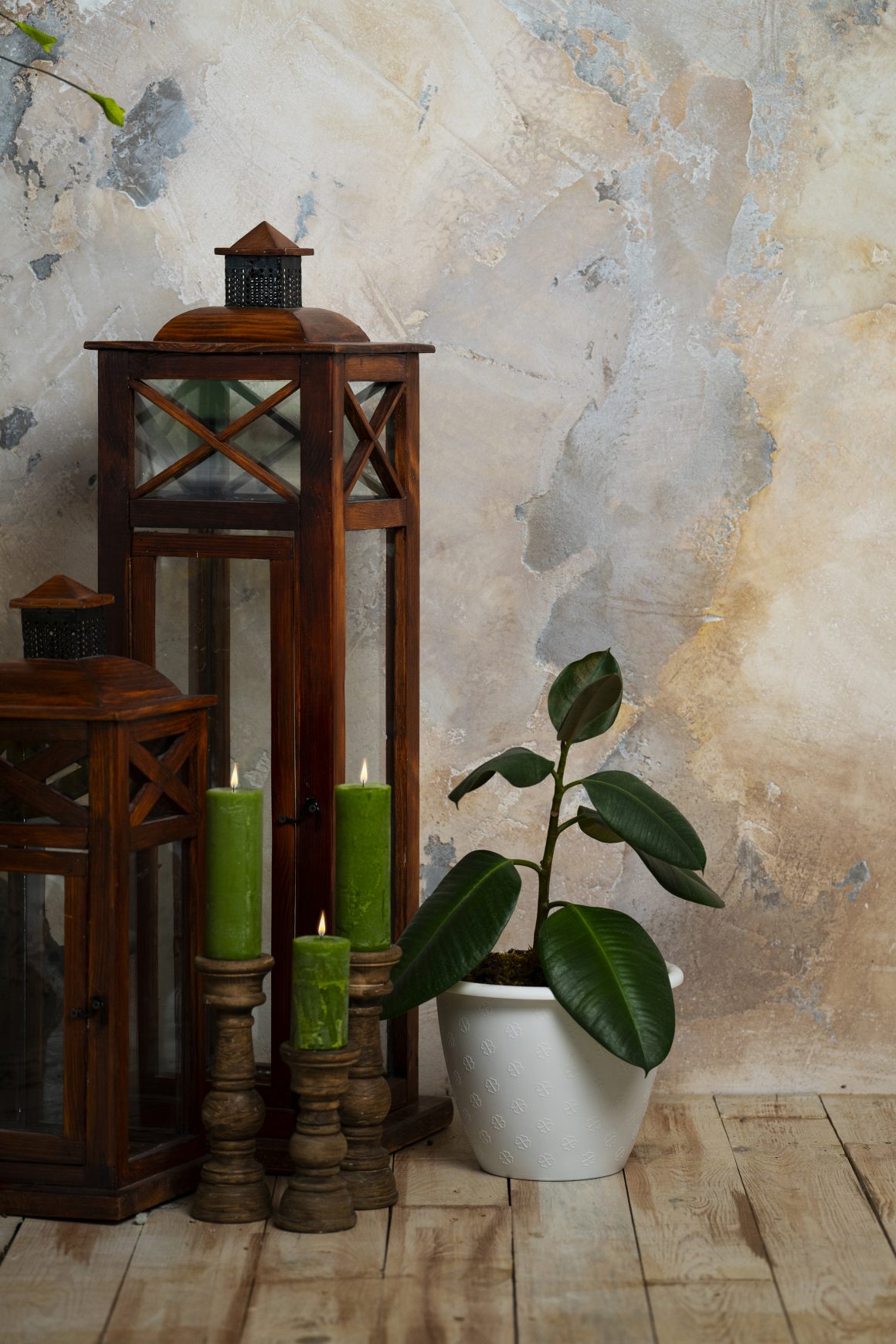 Lanternes en bois, bougies vertes et plante en pot
