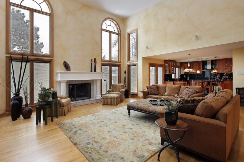 Déco maison normande avec cheminée élégante, canapé en cuir, tapis floral, plantes et grandes fenêtres.