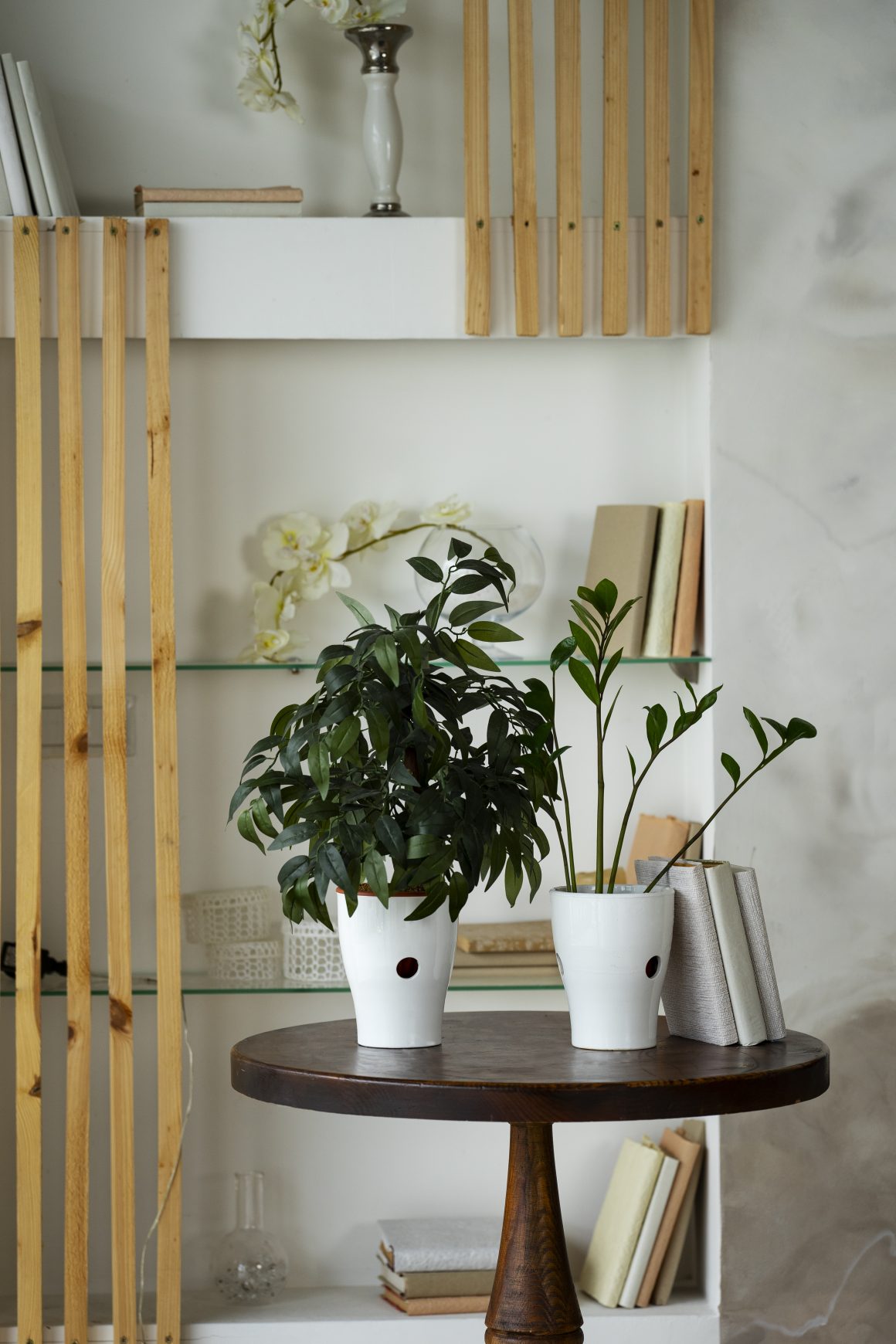 Intérieur minimaliste avec table ronde, deux pots blancs, plantes vertes, étagères en bois incluant livres