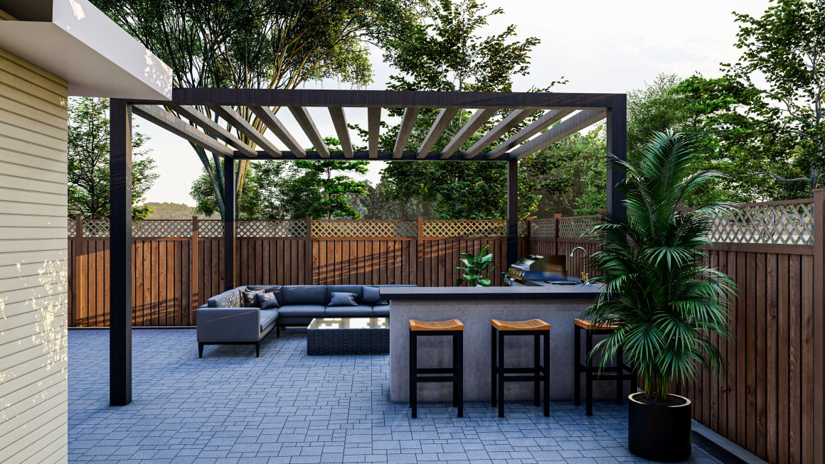 Pergola sombre en métal sur une terrasse pavée avec coin bar et canapé d’angle, plante et clôture en bois