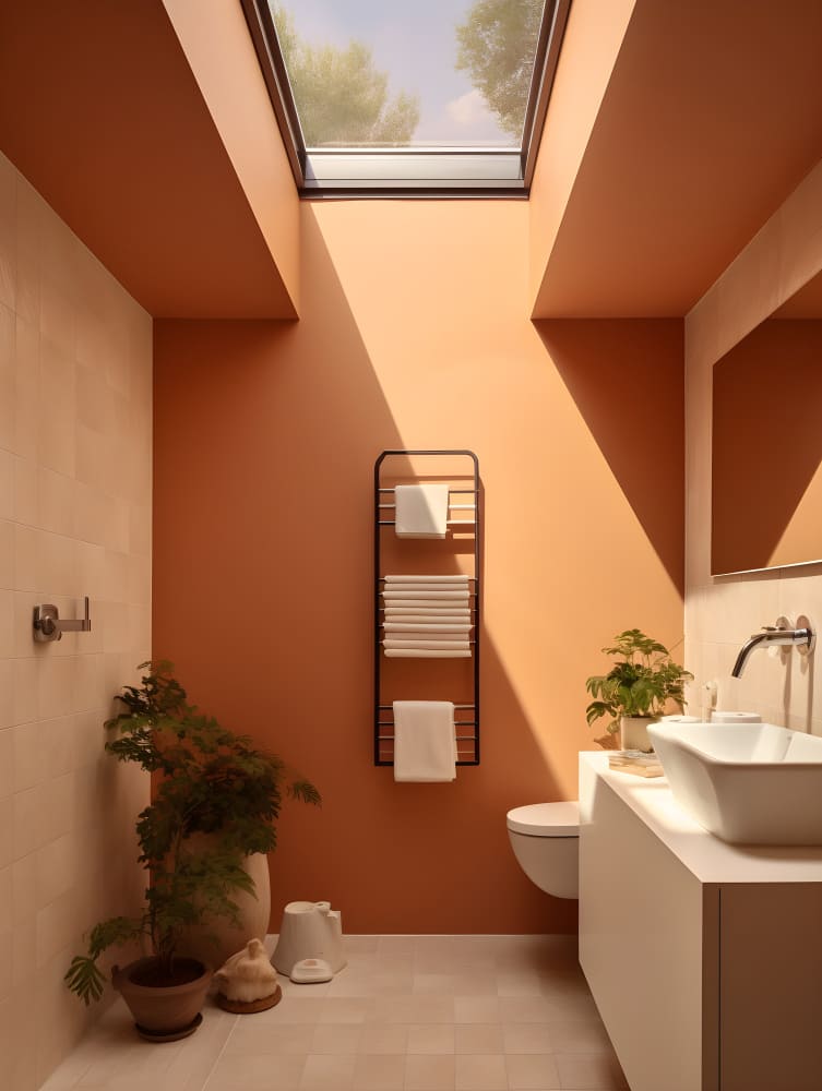 une fenêtre de toit dans une salle de bains aux murs terracotta