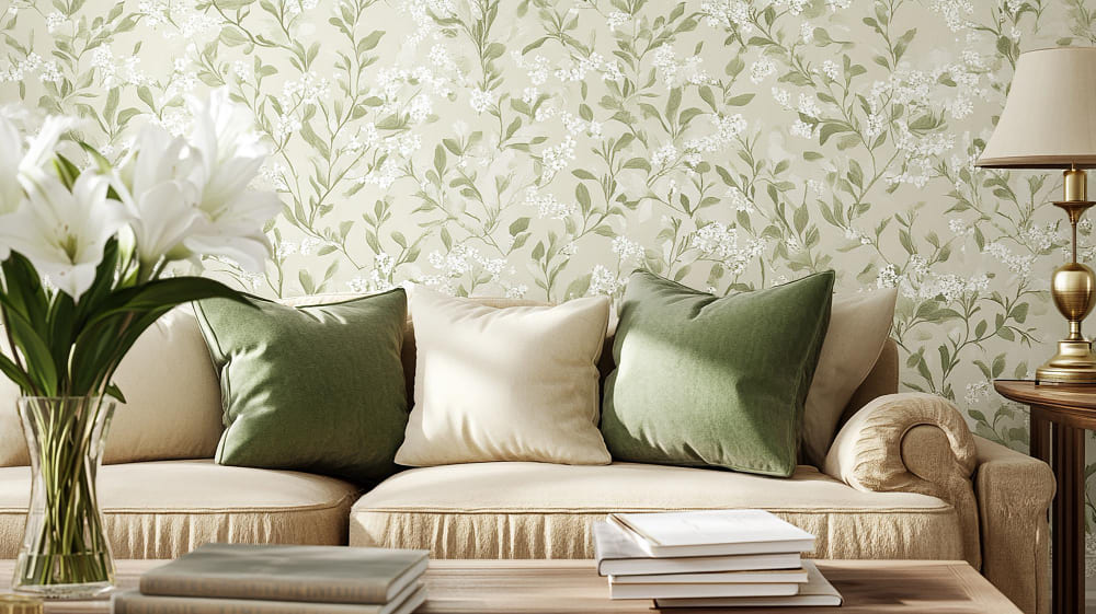 un grand canapé confortable beige avec des coussins vert et beige devant un papier peint orné de feuilles