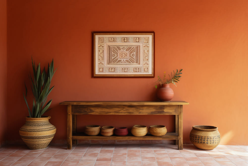 un grand mur terracotta avec des meubles en bois devant et un tableau artisanal accroché