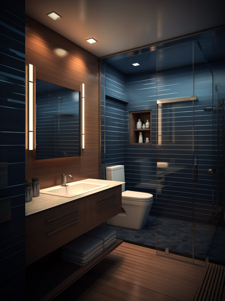 une grande salle d'eau avec des carreaux bleu nuit dans la douche, un meuble vasque moderne en bois