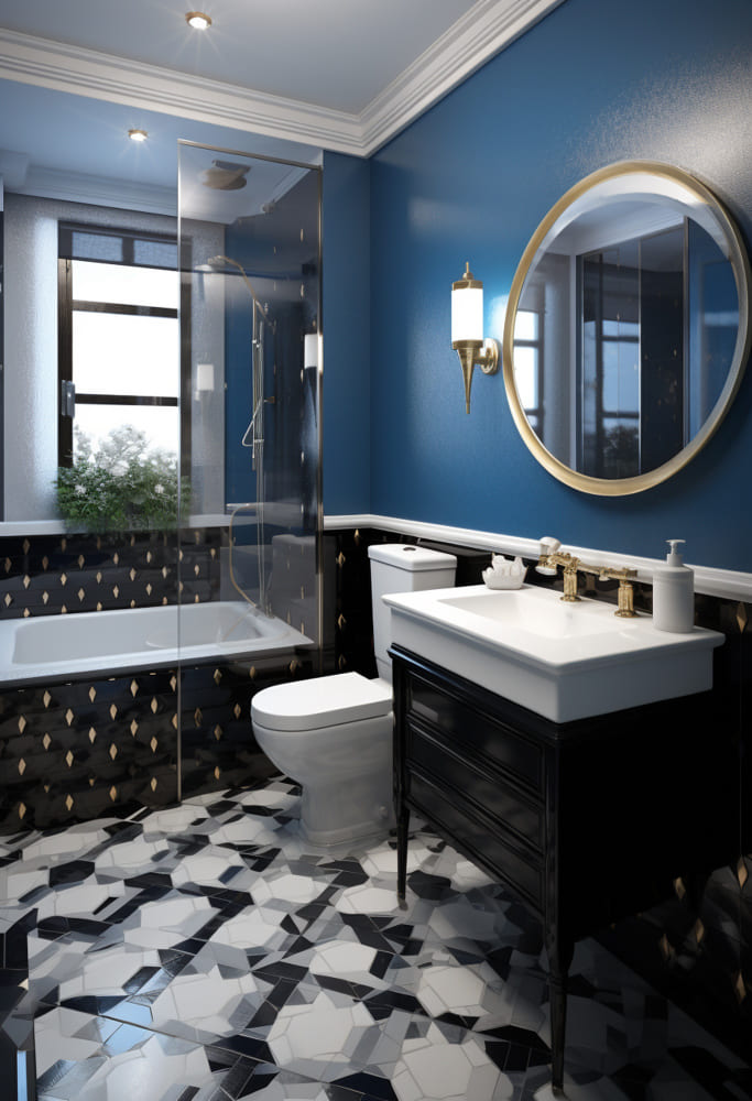 une grande salle d'eau avec du carrelage au mur gris bleu et un miroir rond