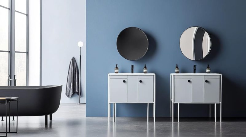 une grande salle de bains avec une baignoire sur pied, deux meubles vasques modernes, une grande fenêtre et des miroirs ronds