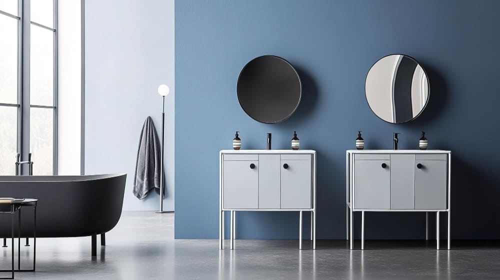une grande salle de bains avec une baignoire sur pied, deux meubles vasques modernes, une grande fenêtre et des miroirs ronds