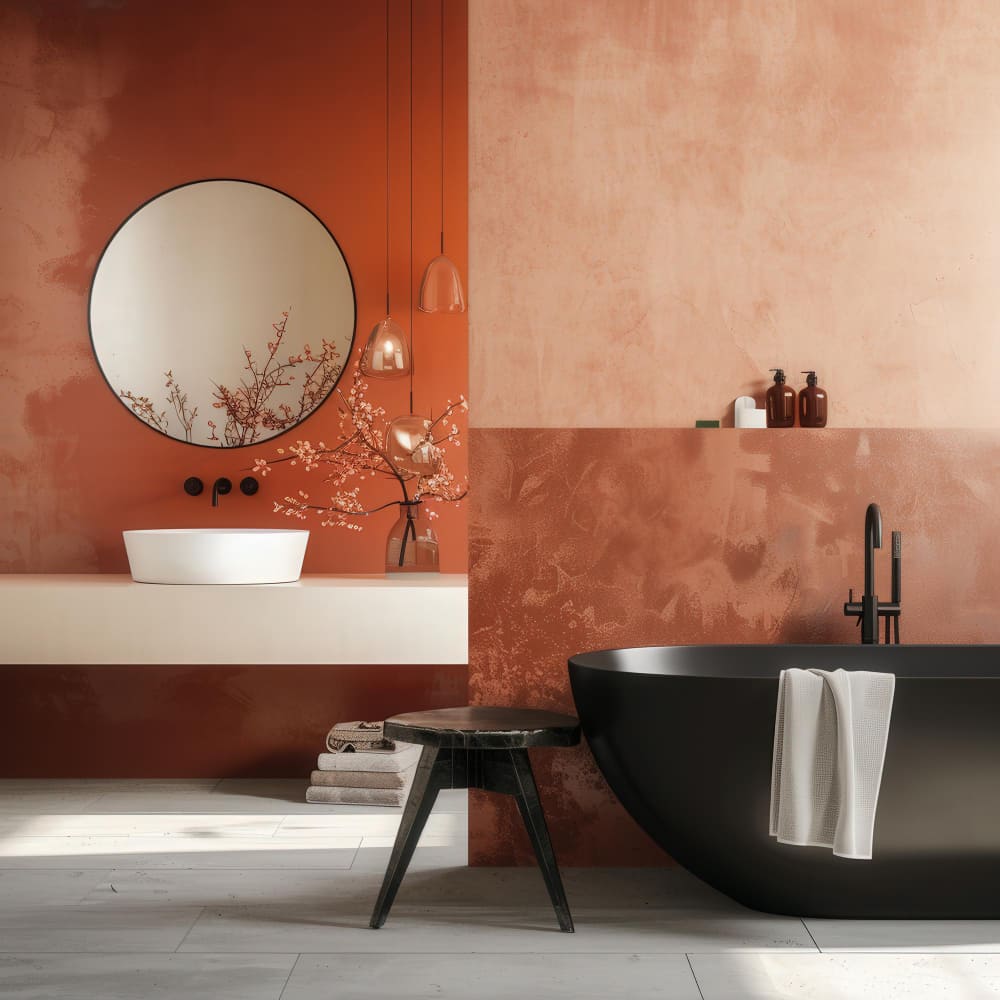 une grande salle de bains avec une baignoire noire, des murs terracotta et un miroir rond
