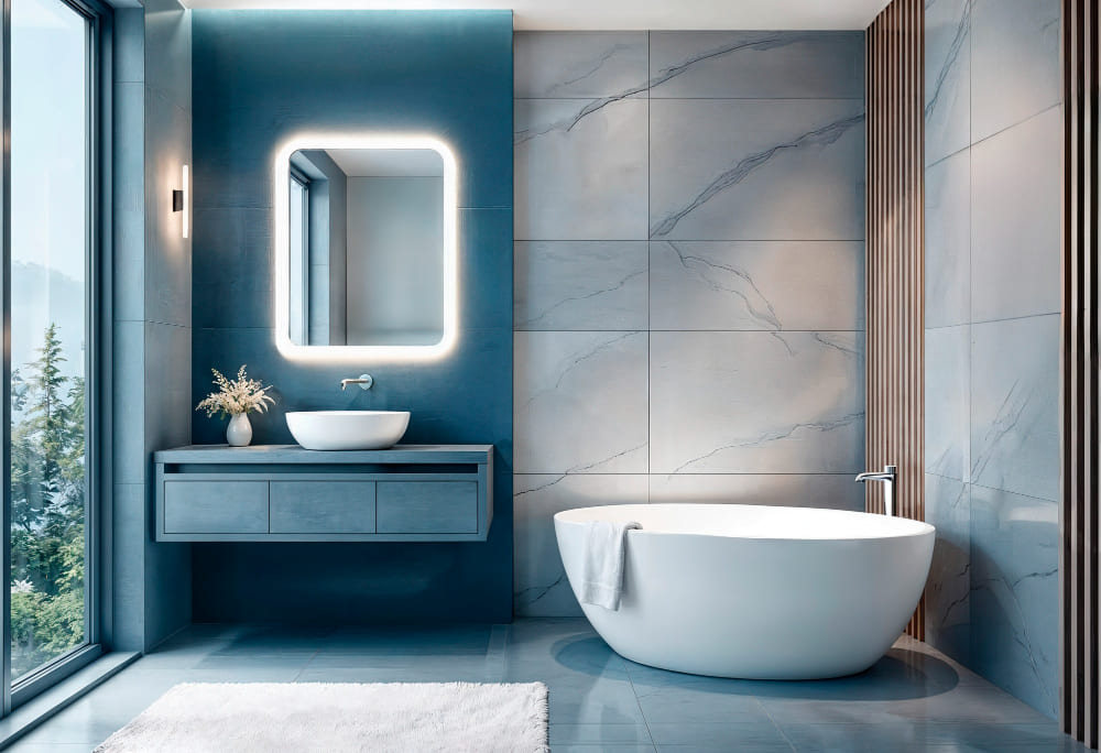 une grande salle de bains lumineuse avec les murs bleus et des tons pierre