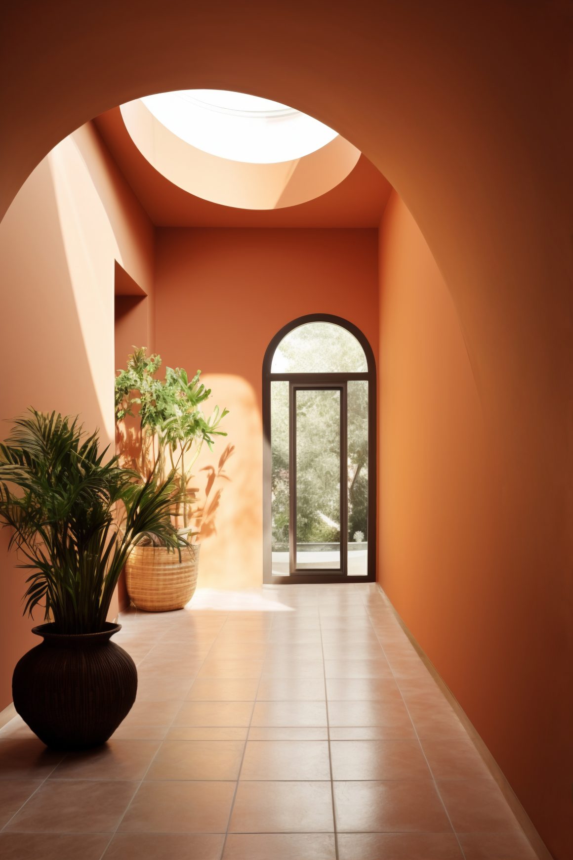 Idée de décoration hall d'entrée ocre aux arcades avec plantes en pots