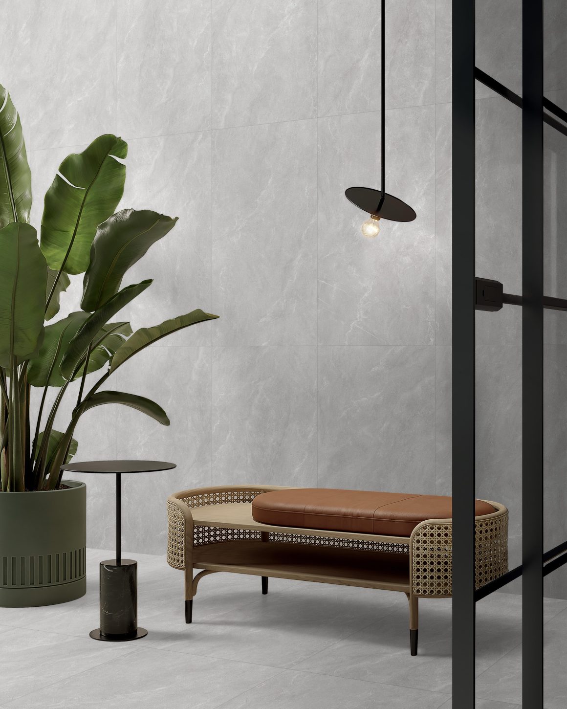 Hall d'entrée avec grande plante, banquette en rotin et suspension