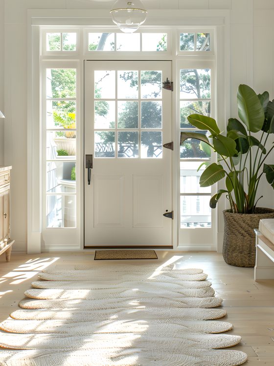 Idée déco hall d'entrée avec grandes plantes vertes, mobilier en bois naturel et tapis texturé