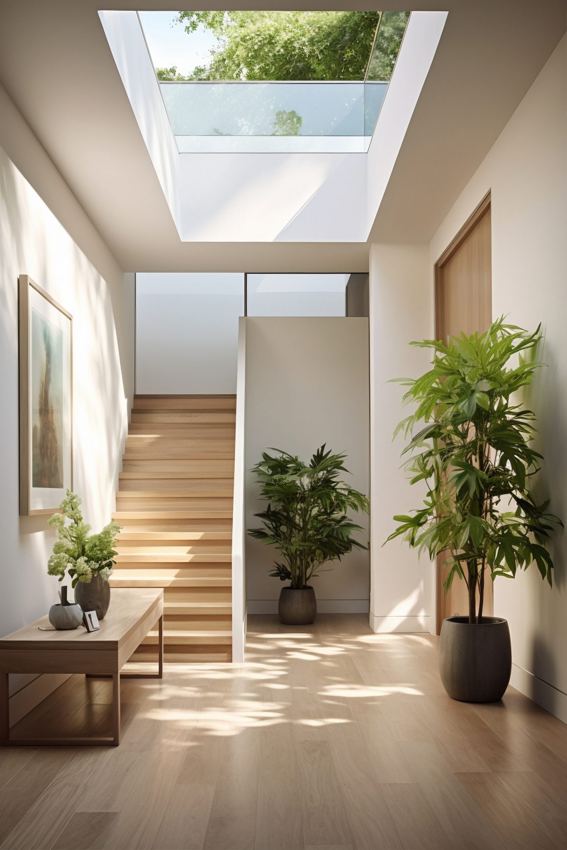 Un hall lumineux et minimaliste: escalier en bois, verrière, plantes en pots