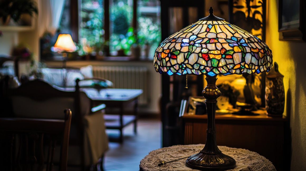 Déco salon vintage moderne avec lampe Tiffany multicolore sur table ronde