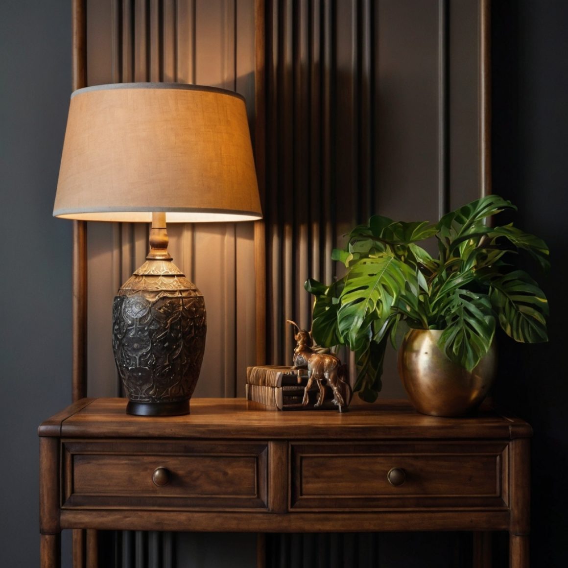 Console avec lampe vintage, plantes vertes, statuette cheval, livres et vase doré