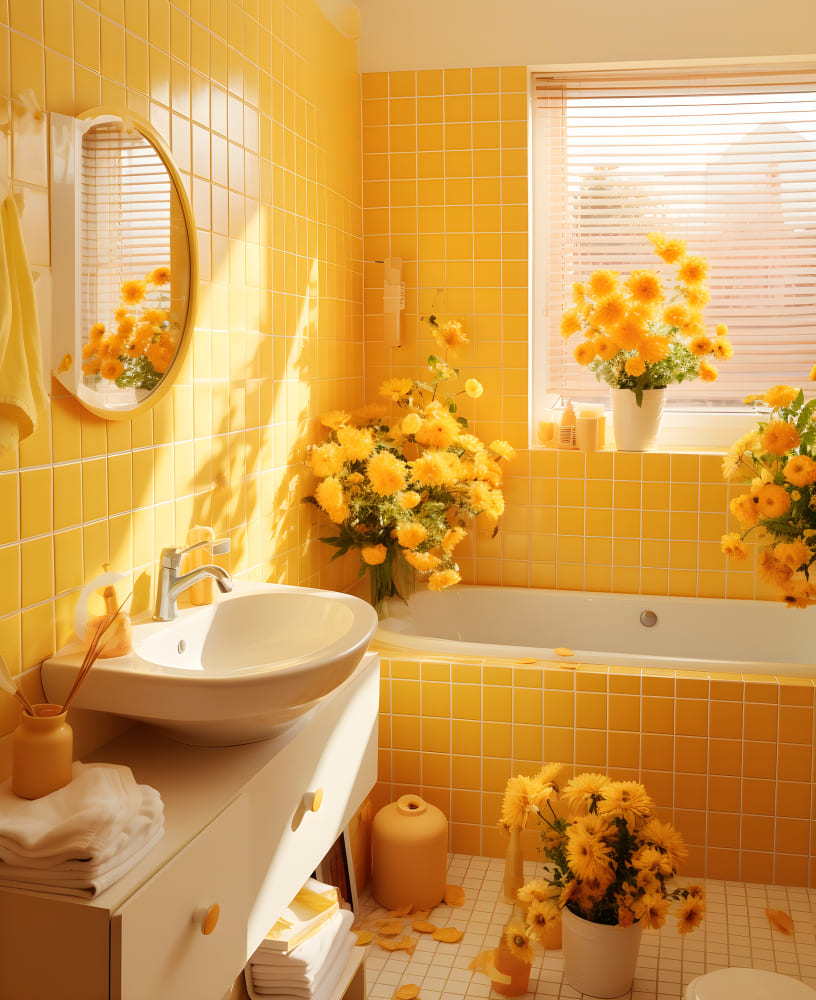 les tendances salle de bain aiment le jaune sur le sol, le mur et la baignoire, comme dans cette pièce ornée de fleurs jaunes