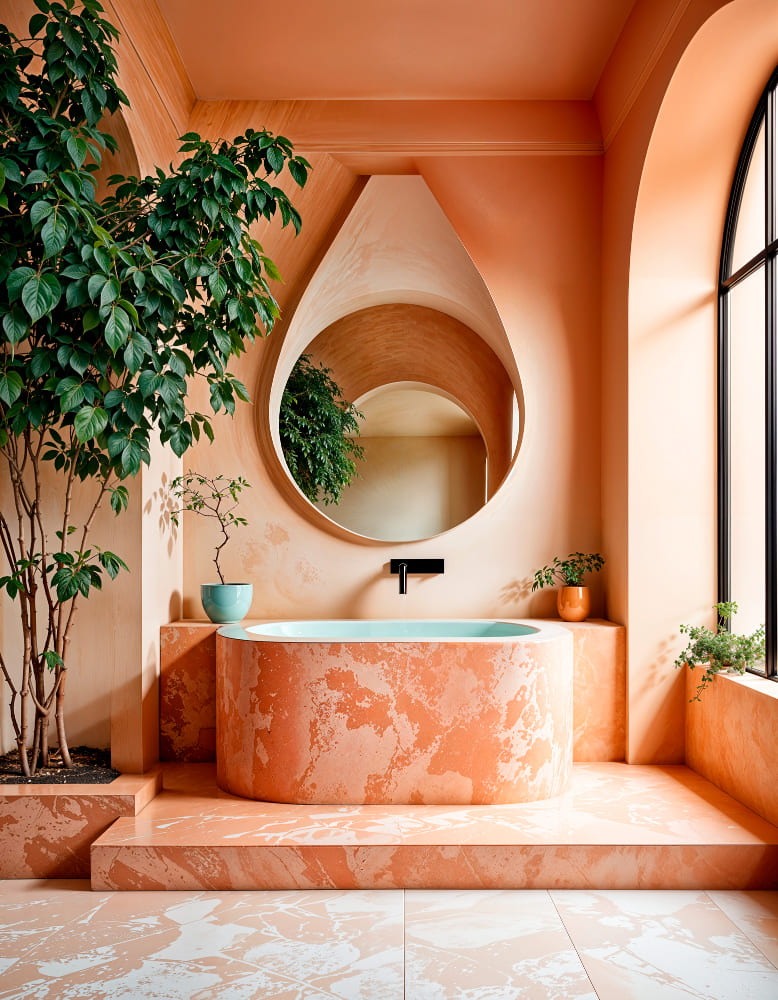 un miroir en forme de goutte au-dessus du lavabo dans les tons pierre et terracotta