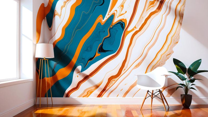 des motifs abstraits et colorés sur la tapisserie de ce salon lumineux, derrière une plante verte